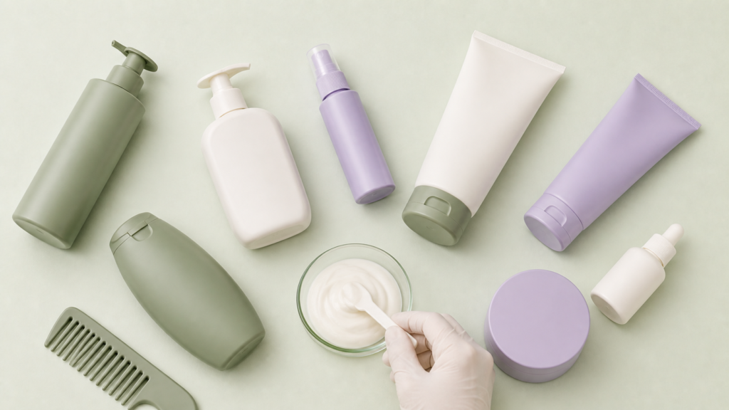 Koncepcyjna scena pracy nad ośmioma produktami hair care: opakowania, próbka kremu i test konsystencji.